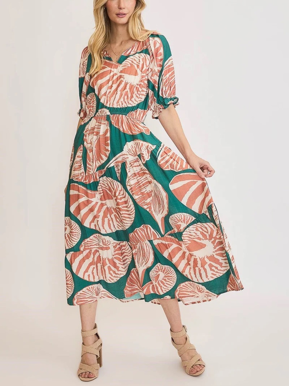 Umgee Floral Tropical Print Midi Dress with Puff Sleeves in Green/Clay NEW